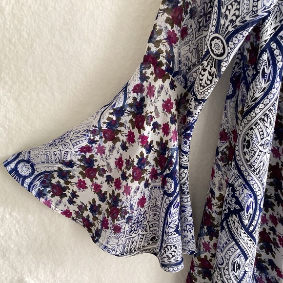 Y2K Speechless Red Blue White Paisley Print Bell Sleeve Boho Lined Mini Dress L - Picture 4 of 7